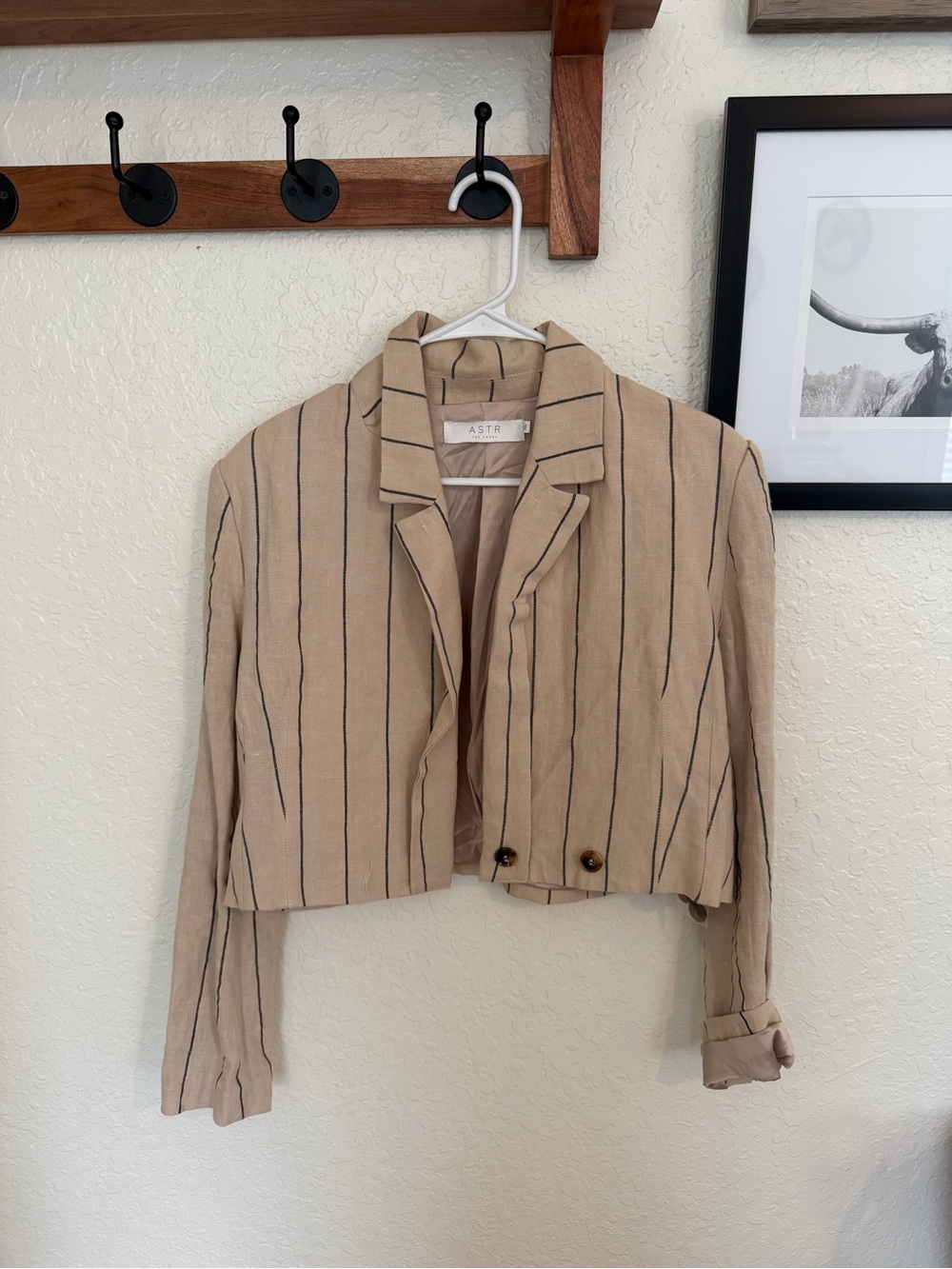 ASTR Beige Pinstripe linen Cropped Blazer Jacket